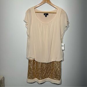 NWT AB Studio Women's Short Sleeve Mini Beige Gold Sequin Dress Size 14
